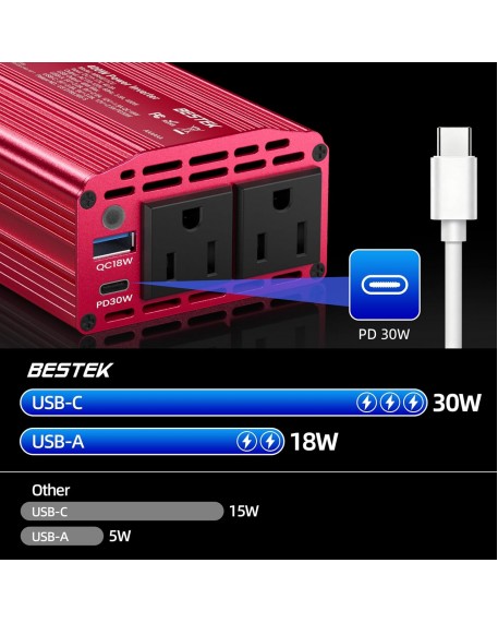 Bestek 400W Car Power Inverter for Vehicles – DC 12v to AC 110v Car Plug Adapter Outlet with PD 30W USB-C &USB-A 3.0 Fast Charging